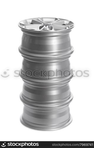 Set in a stack of steel alloy car rims on a white background.