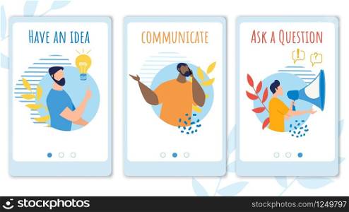 Set Informational Poster have in Idea Lettering. Banner Written Communicate, Ask Question. Men Come Up with an Idea, Talk about it Phone. Guy Speaks into Loudspeaker. Vector Illustration.