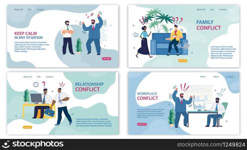 Set Informative Banner Family Conflict Cartoon. Poster Inscription Workplace Conflict, Keep Calm in any Situation, Relationship Conflict. Productivity Drops, Work Stops. Vector Illustration.