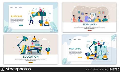 Set Informative Flyer Inscription User Guide. Banner Written Education, Subscription, Team Work. Men and Women are Trained Using Books and Analytical Data Cartoon. Vector Illustration.