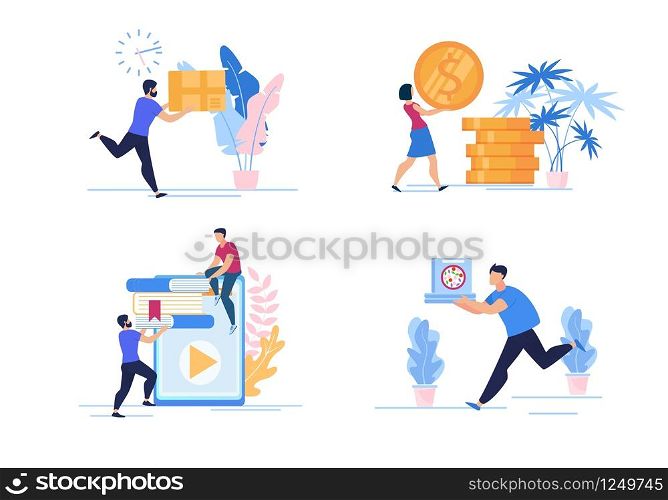 Set Informative Flyer Profit Calculation Flat. Office Information Needs. Man Carries Credit Card and Woman Carries Gold Coins. Guys are Looking for Information in E-library. Vector Illustration.