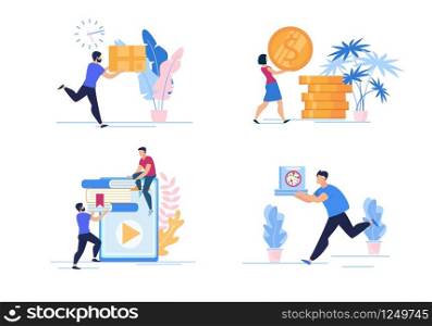 Set Informative Flyer Profit Calculation Flat. Office Information Needs. Man Carries Credit Card and Woman Carries Gold Coins. Guys are Looking for Information in E-library. Vector Illustration.