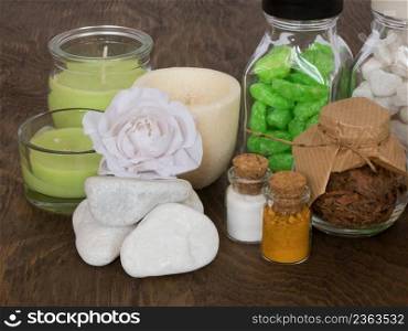 set ingredients and spice for aromatherapy and body care on wooden surface. SPA still life. the attributes of aromatherapy