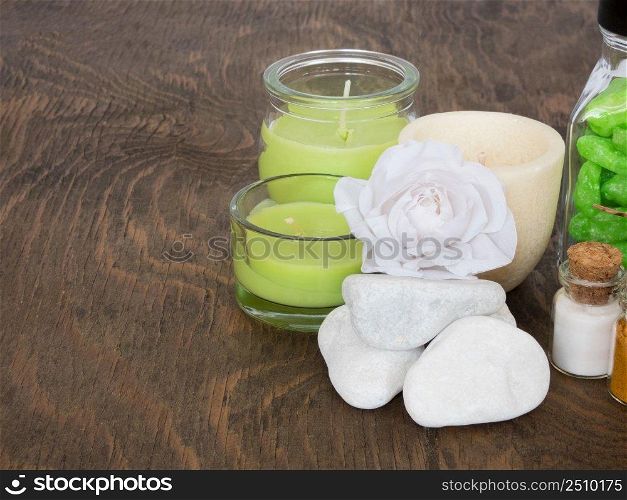 set ingredients and spice for aromatherapy and body care on wooden surface. SPA still life. the attributes of aromatherapy