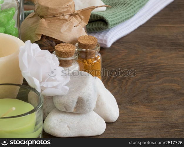 set ingredients and spice for aromatherapy and body care on wooden surface. SPA still life. the attributes of aromatherapy