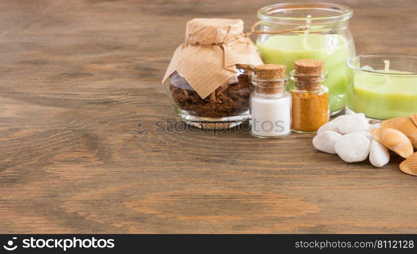 set ingredients and spice for aromatherapy and body care on wooden surface. SPA still life. the attributes of aromatherapy