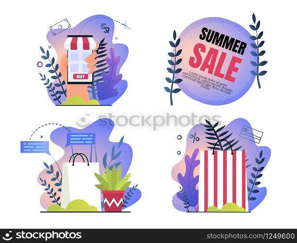 Set Invitation Poster is Written Summer Sale. Special Hot Sale and Offer Consumer Goods at Bargain Price in Online Stores and Shopping Centers. Eco Shopping Bags, Home Delivery, Cartoon.
