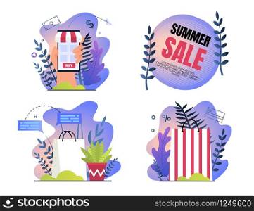 Set Invitation Poster is Written Summer Sale. Special Hot Sale and Offer Consumer Goods at Bargain Price in Online Stores and Shopping Centers. Eco Shopping Bags, Home Delivery, Cartoon.