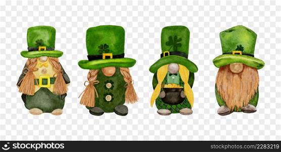 Set leprechaun with four leaves clovers on transparent background, Cute elements for St Patrick day greeting card,Gnomes with Shamrock,Vector Watercolour green Scandinavian Dwarfs collection in Celtic