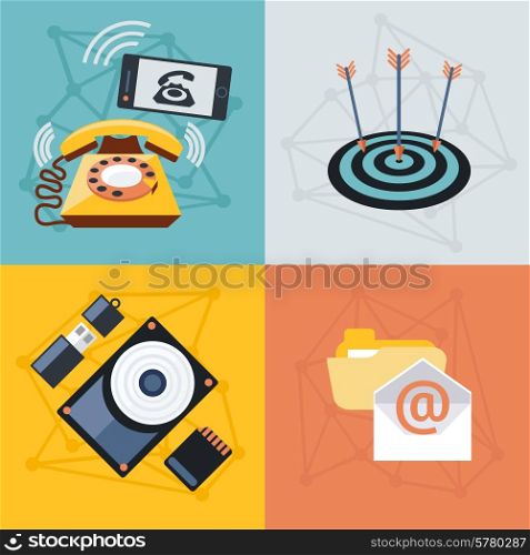 Set modern design with icons for web design and mobile applications, target data storage technology email in flat design style