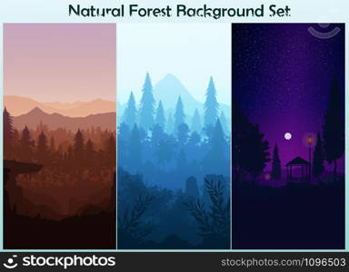 Set Natural Pine forest mountains horizon Landscape wallpaper Set Sunrise and sunset Light moon Illustration vector style Sunlight colorful view background