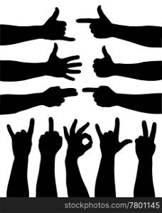 Set of 11 hand gestures on white. Vector illustration. Vector hand gestures