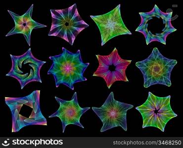 set of 12 multicolored stars on black background