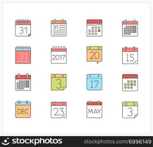Set of 16 colored calendar line icons, vector eps10 illustration. Calendar Line Icons