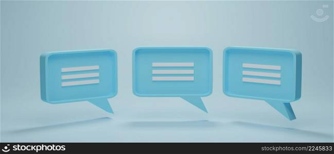 Set of 3 chat bubble icon or speech bubbles symbol on blue pastel background. Concept of chat, communication or dialogue. 3d rendering illustration.