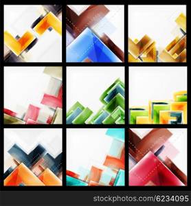 Set of 3d arrow backgrounds. Collection of web brochures, internet flyers, wallpaper or cover poster designs. Geometric style, colorful realistic glossy arrow shapes, blank templates with copyspace. Directional idea banners.