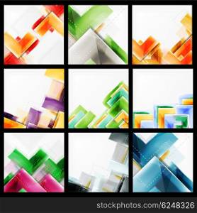 Set of 3d arrow backgrounds. Collection of web brochures, internet flyers, wallpaper or cover poster designs. Geometric style, colorful realistic glossy arrow shapes, blank templates with copyspace. Directional idea banners.