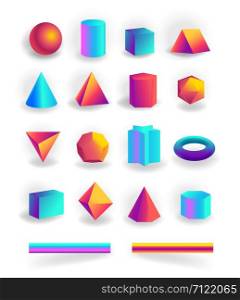 Set of 3d geometric shapes and editable strokes with holographic gradient isolated on white background, figures, polygon primitives, maths and geometry, vector illustration. Set of 3d geometric shapes and editable strokes with holographic gradient isolated