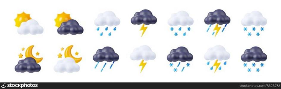 Set of 3D weather forecast icons on white background. Illustration of sun, moon, stars, day and night clouds with rain, snow, lightning, sleet, thunderstorm, rainfall, snowfall. Climate conditions. Set of 3D weather forecast icons on background