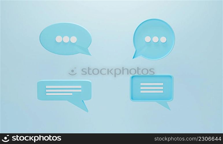 Set of 4 chat bubble icon or speech bubbles symbol on blue pastel background. Concept of chat, communication or dialogue. 3d rendering illustration.