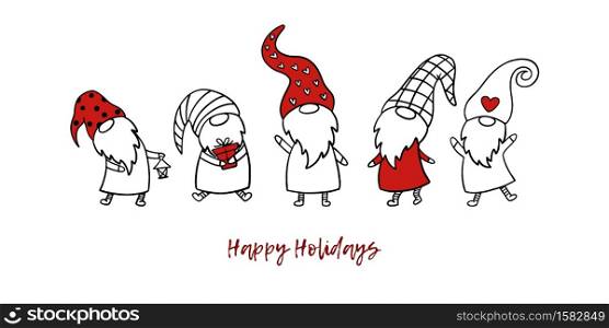 Set of 5 Christmas gnomes on a white background. Vector greeting card with cute Scandinavian gnomes.