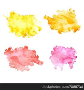 Set of 5 watercolor blots with splashes and stains. Watercolor spots of orange, yellow, pink and red flowers. Isolated blots on a white background, drawn by hand.. Set of 4 watercolor blots with splashes and stains.
