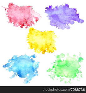 Set of 5 watercolor blots with splashes and stains. Watercolor spots of yellow, purple, blue, green and red flowers. Isolated blots on a white background, drawn by hand.. Set of 5 watercolor blots with splashes and stains.