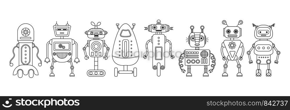 Set of 8 black line robots on a white background. Cartoon style. Robot toys. Vector illustration.