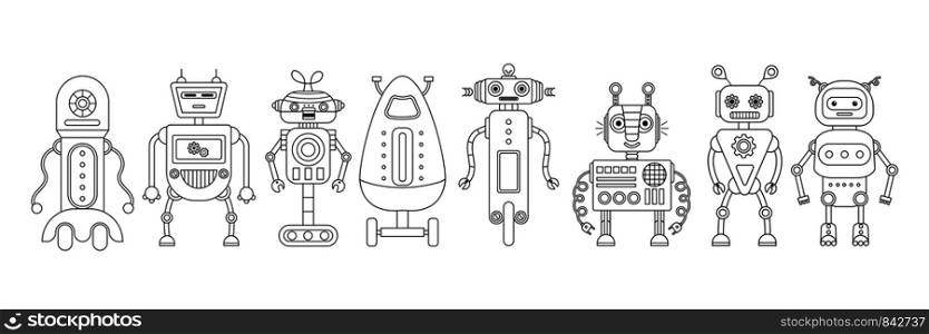Set of 8 black line robots on a white background. Cartoon style. Robot toys. Vector illustration.