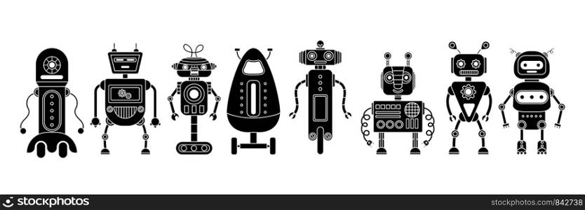Set of 8 black robots on a white background. Cartoon style. Robot toys. Vector illustration.