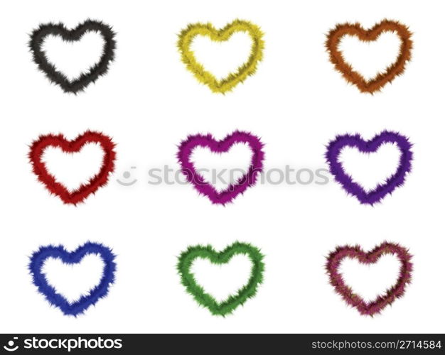 set of 9 fur hearts with different colors