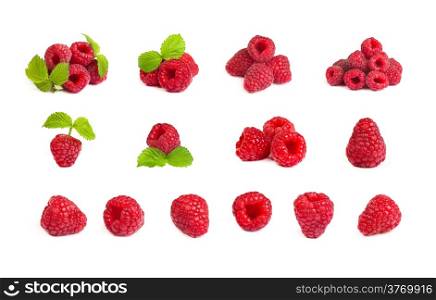 Set of a bunch of a red raspberry on a white background. Close up macro shot. Image was professionally retouched