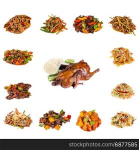 set of a different asian dishes in restaurant. isolated on white backrgound
