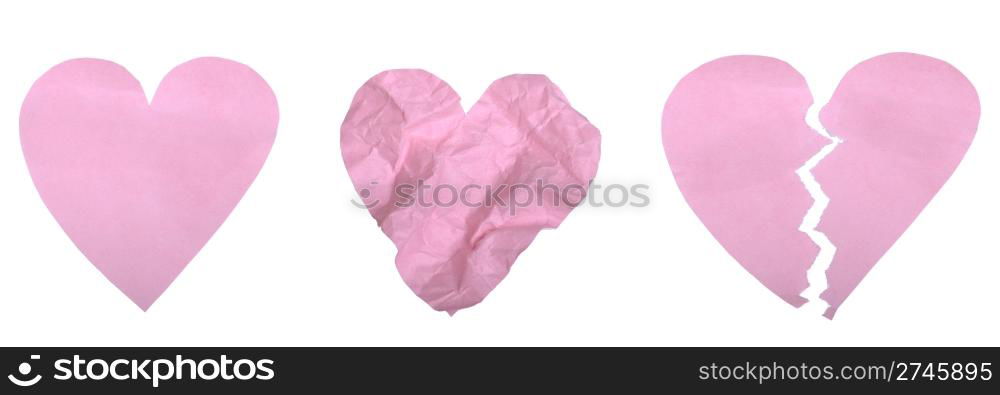 set of a pink paper heart (whole, wrinkled, broken) isolated on white background