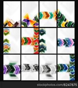Set of abstract colorful backgrounds. Collection of web brochures, internet flyers, wallpaper or cover poster designs. Geometric style, colorful realistic glossy arrow shapes, blank templates with copyspace. Directional idea banners.