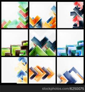 Set of abstract colorful backgrounds. Collection of web brochures, internet flyers, wallpaper or cover poster designs. Geometric style, colorful realistic glossy arrow shapes, blank templates with copyspace. Directional idea banners.