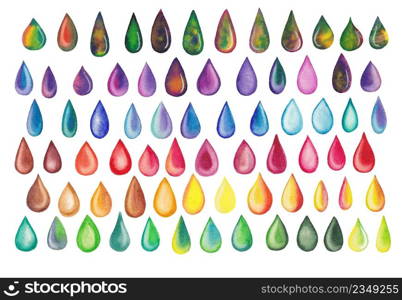 Set of abstract hand drawn watercolor drops isolated on white background.. Colorful rainbow drops