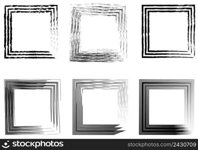 set of abstract photo frames, vintage frame hand drawn brushes in the art Nouveau style, Set of white ink grunge frames on black background vector illustration.