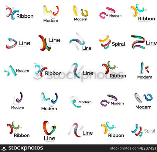 Set of abstract ribbon logo icons - multicolored shiny wave, swirl, spiral designs. Curve stripe shape. Universal various branding logotype company emblem ideas and branding business identity