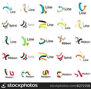 Set of abstract ribbon logo icons - multicolored shiny wave, swirl, spiral designs. Curve stripe shape. Universal various branding logotype company emblem ideas and branding business identity