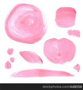 Set of abstract templates for text. Hand painted in gouache. The texture of the brush. Rectangle, circle, square, stripe, point, heart of pink color for wedding invitations, cards, posters.. Set of abstract templates for text.