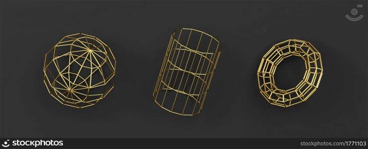 Set of abstract wired geometric primitives . Minimal design. 3d illustration