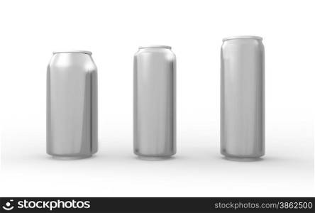 Set of aluminum cans isolated on white with clipping path, packaging for soft drink, juice, water and beverage&#xA;