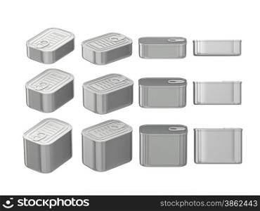 Set of aluminum rectangle tin cans in various sizes . General can packaging with blank label for variety food product ,ready for your design or artwork, clipping path included&#xA;
