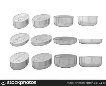 Set of aluminum round bottom oval tin cans in various sizes . General can packaging with blank label for variety food product ,ready for your design or artwork, clipping path included&#xA;