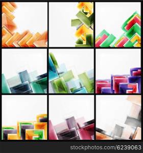 Set of arrow background - web brochures, internet flyers, wallpaper or cover poster designs. Geometric style, colorful realistic glossy arrow shapes, blank templates with copyspace. Directional idea banners.