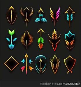 Set of arrow icons on black background, cursor for web or app symbols. Arrow icon collection for game. AI. Set of arrow icons for game, cursor for web or app on black background. AI