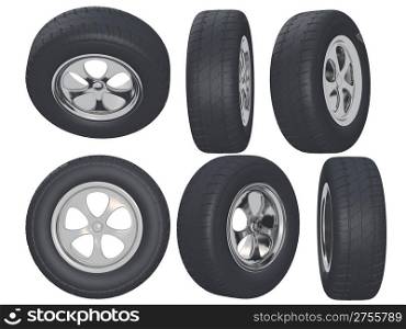 Set of automobile wheels located under a different corner (it is isolated on a white background)