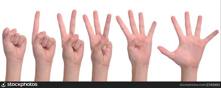 set of back woman hands counting from zero to five (isolated on white background)
