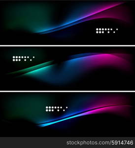 Set of banner, header backgrounds with place for your message. Glowing color neon light lines in dark space. Advertising layouts.